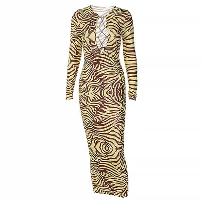 Shestyle Zebra Print Yellow Pencil Long Dresses Women V Neck Corss Hollow OUt Bandage Sexy Bodycon Party Wear Christmas Outfit