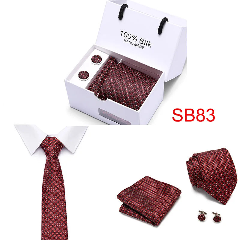 2023 100% Silk Jacquard Necktie White Geometric Tie Hanky Cufflink Set Ties For Men Gravatas Business Wedding Party Wholesale