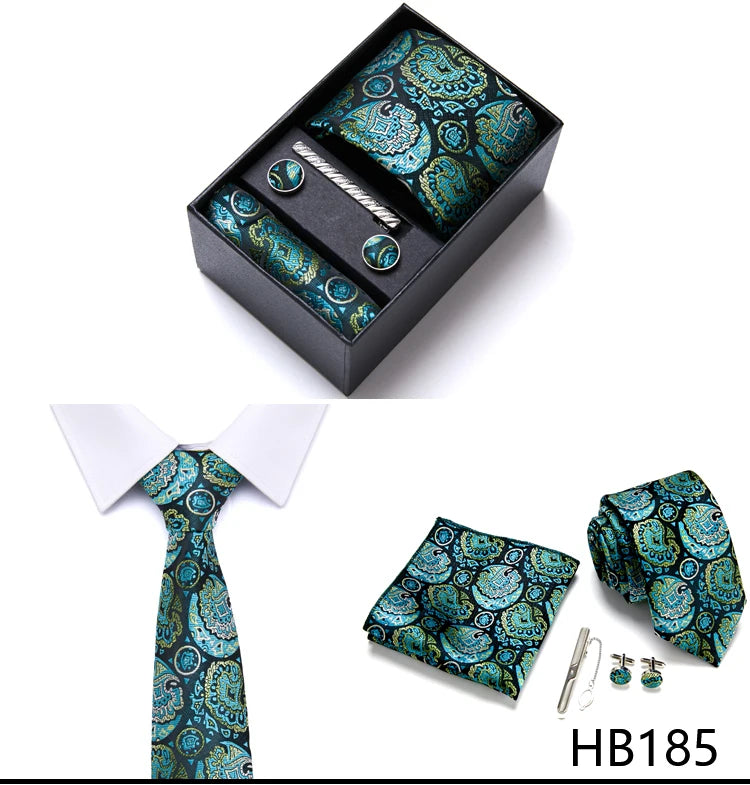 Top Quality 7.5 cm Business Ties Hanky Cufflink Set Tie Clips Green Necktie Corbatas For Men Wedding In Gift Box Gravatas