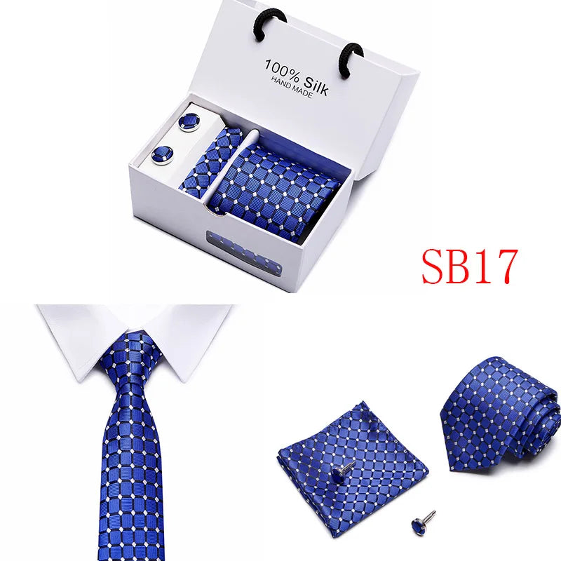 2023 100% Silk Jacquard Necktie White Geometric Tie Hanky Cufflink Set Ties For Men Gravatas Business Wedding Party Wholesale