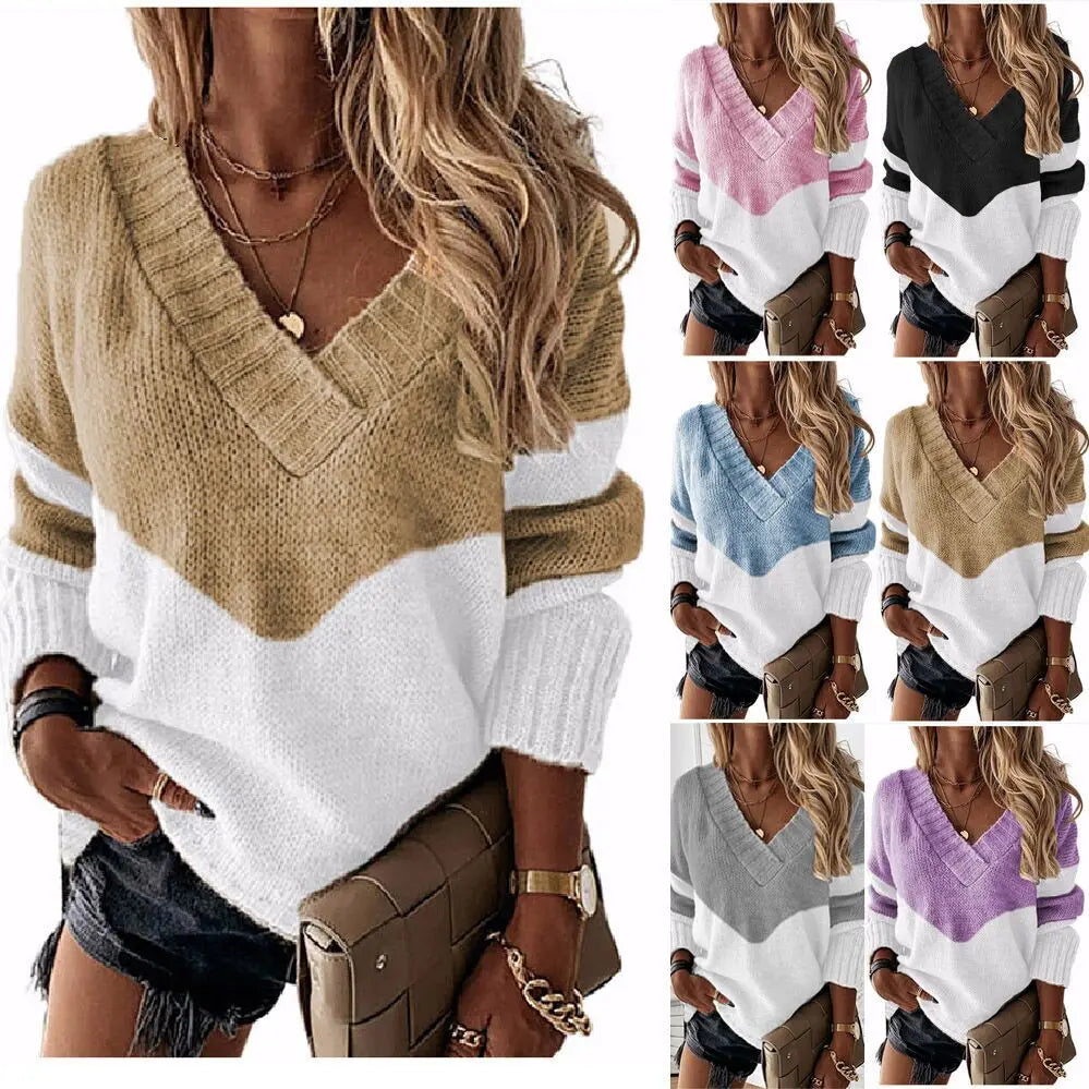 Pullovers Women Sweaters New long-sleeved 2021 Autumn Winters V Collar Loose Color Matching Sweaters Women Fashion OLN6057