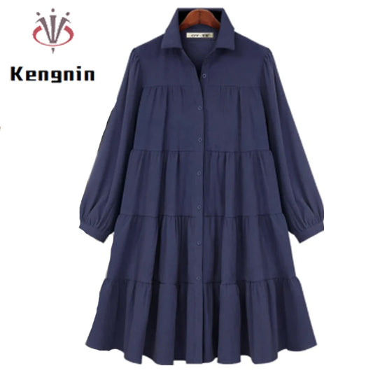 2025 Spring Women Casual Shirt Dresses Loose Office Lady Work Vestidos Soild Color Plus Size 4XL Female Pleated Dress Robe KE211
