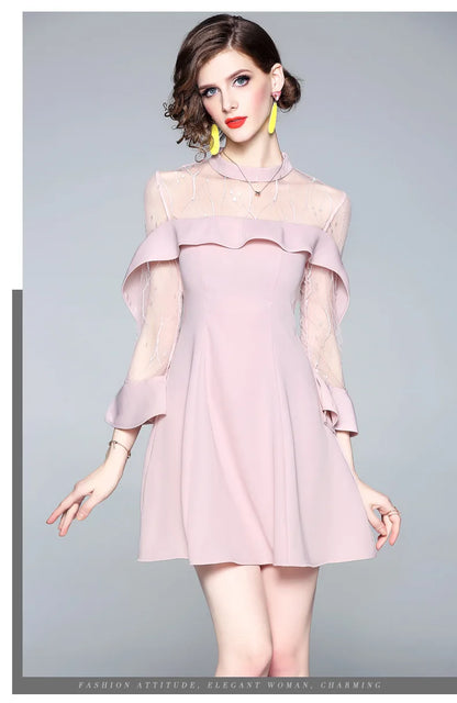 Spring and summer 2023 new women's mesh splicing Ruffle Dress celebrity perspective sheath dresses butterfly sleeve cloth
