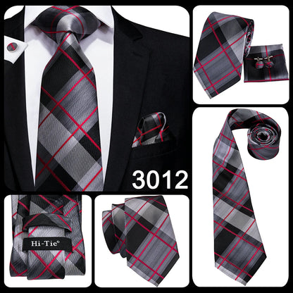 Hi-Tie Designer Silk Wedding Tie For Men Blue White Plaid Handky Cufflink Set Fashion Necktie For Men Business Party Wholesale
