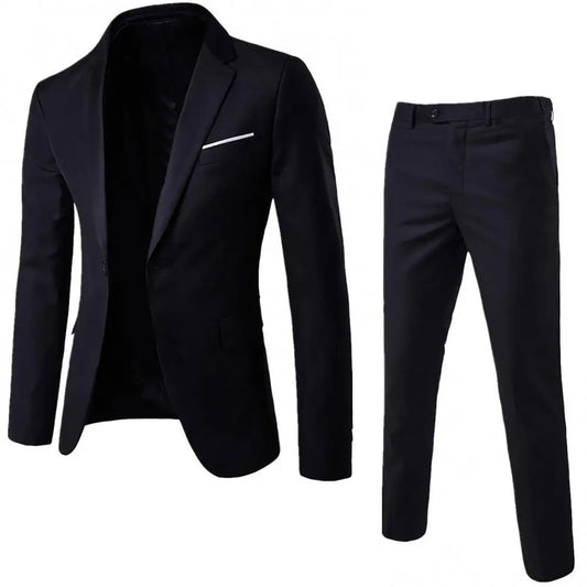 2Pcs/Set Plus Size Men Fashion Solid Color Long Sleeve Lapel Slim Button Business Suit Wedding Set Vintage Classic Male Traje