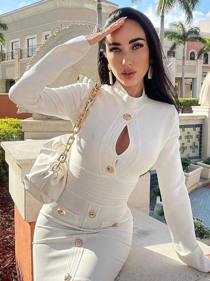 Women's Button Long Sleeve Hollow Out Bandage Dress Mini Black White Bodycon 2022 Spring Elegant Sexy Club Evening Party Dresses