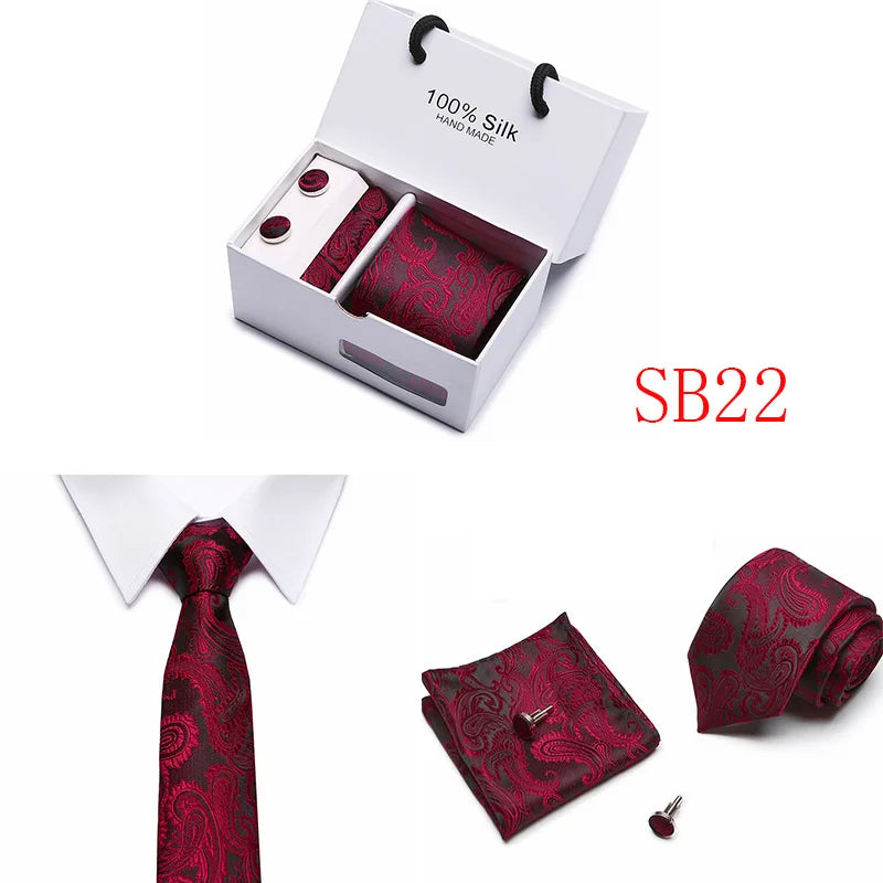 2023 100% Silk Jacquard Necktie White Geometric Tie Hanky Cufflink Set Ties For Men Gravatas Business Wedding Party Wholesale