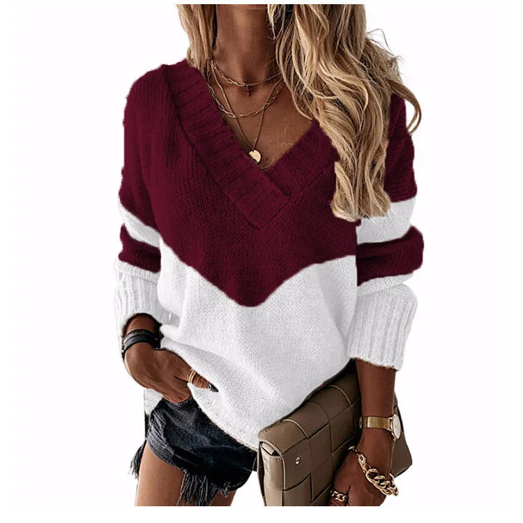Pullovers Women Sweaters New long-sleeved 2021 Autumn Winters V Collar Loose Color Matching Sweaters Women Fashion OLN6057
