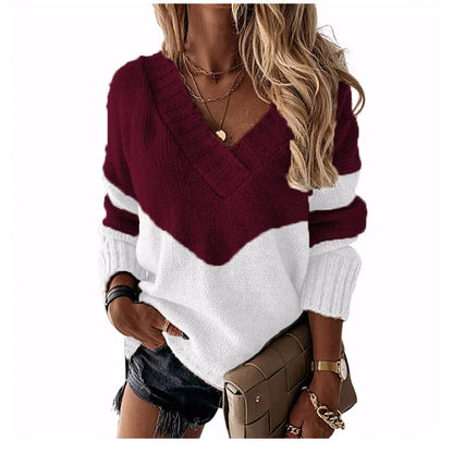 Pullovers Women Sweaters New long-sleeved 2021 Autumn Winters V Collar Loose Color Matching Sweaters Women Fashion OLN6057