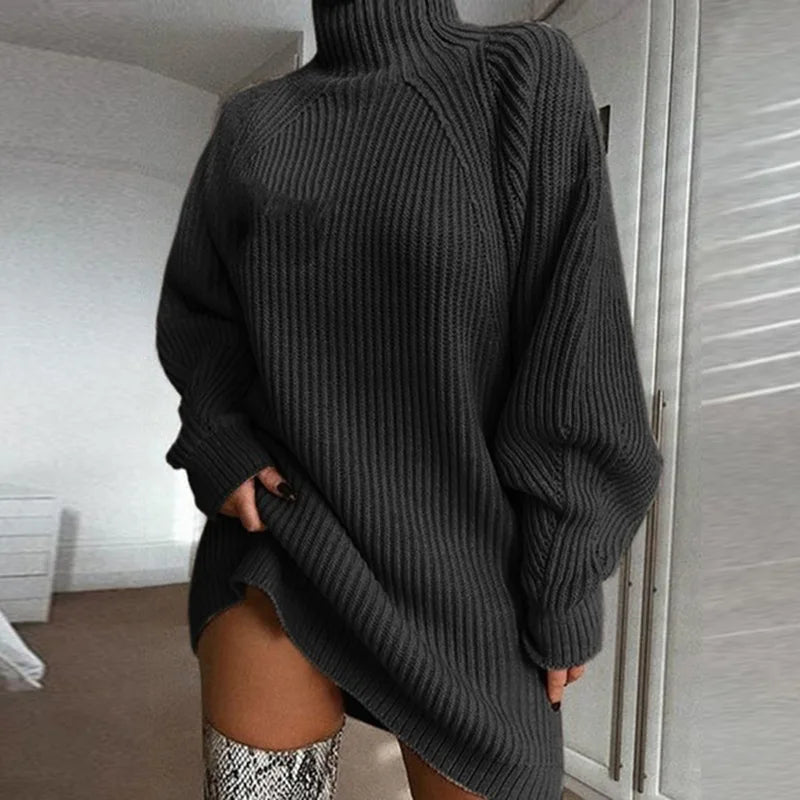 Turtleneck Long Sleeve Sweater Dress Women Autumn Winter Loose Tunic Knitted Casual Pink Gray Clothes Solid Dresses