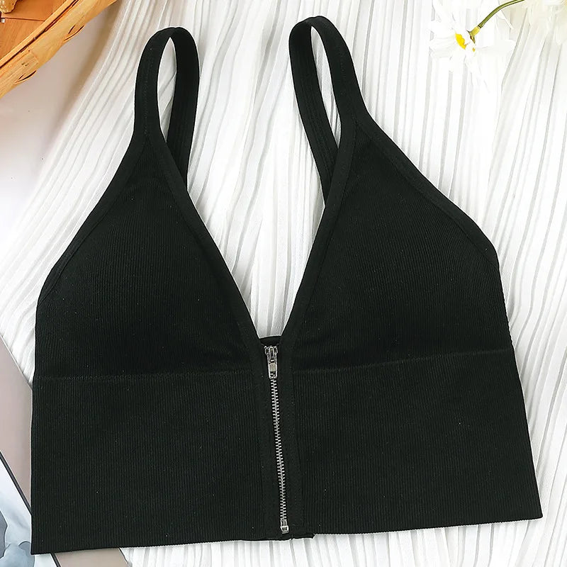 Sexy Zipper Female V-Neck Wireless Bra New Seamless Soft Crop Top Beautiful Back Outside Wear Bralette Lingerie