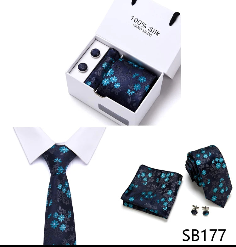 Brand 100% Silk Ties Gift box Office  Men Classic Party Wedding striped 7.5cm Silk Wedding  Floral Tie Necktie Handkerchief Set