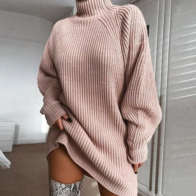 Turtleneck Long Sleeve Sweater Dress Women Autumn Winter Loose Tunic Knitted Casual Pink Gray Clothes Solid Dresses