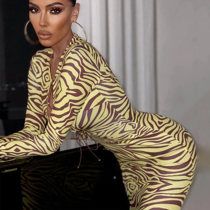 Shestyle Zebra Print Yellow Pencil Long Dresses Women V Neck Corss Hollow OUt Bandage Sexy Bodycon Party Wear Christmas Outfit