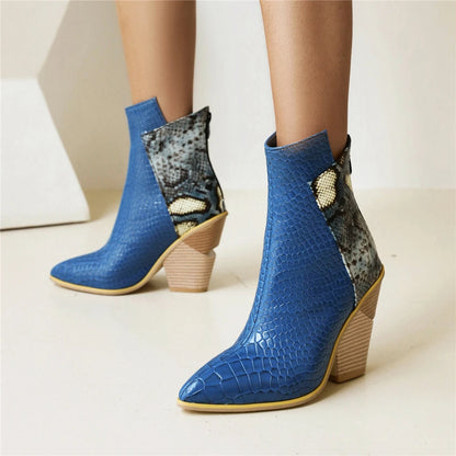 2024 Autumn Women Boots Pu Leather Wedge High Heel Ankle Boots Winter Cowboy Boots Fashion Western Boots Woman Denim Shoes Brown