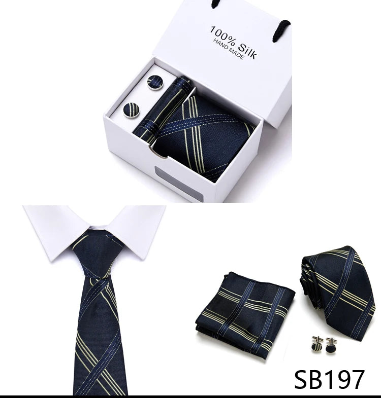 Brand 100% Silk Ties Gift box Office  Men Classic Party Wedding striped 7.5cm Silk Wedding  Floral Tie Necktie Handkerchief Set