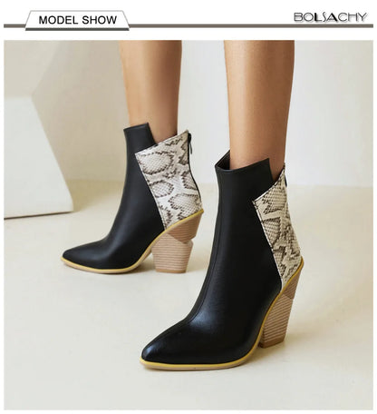 2024 Autumn Women Boots Pu Leather Wedge High Heel Ankle Boots Winter Cowboy Boots Fashion Western Boots Woman Denim Shoes Brown