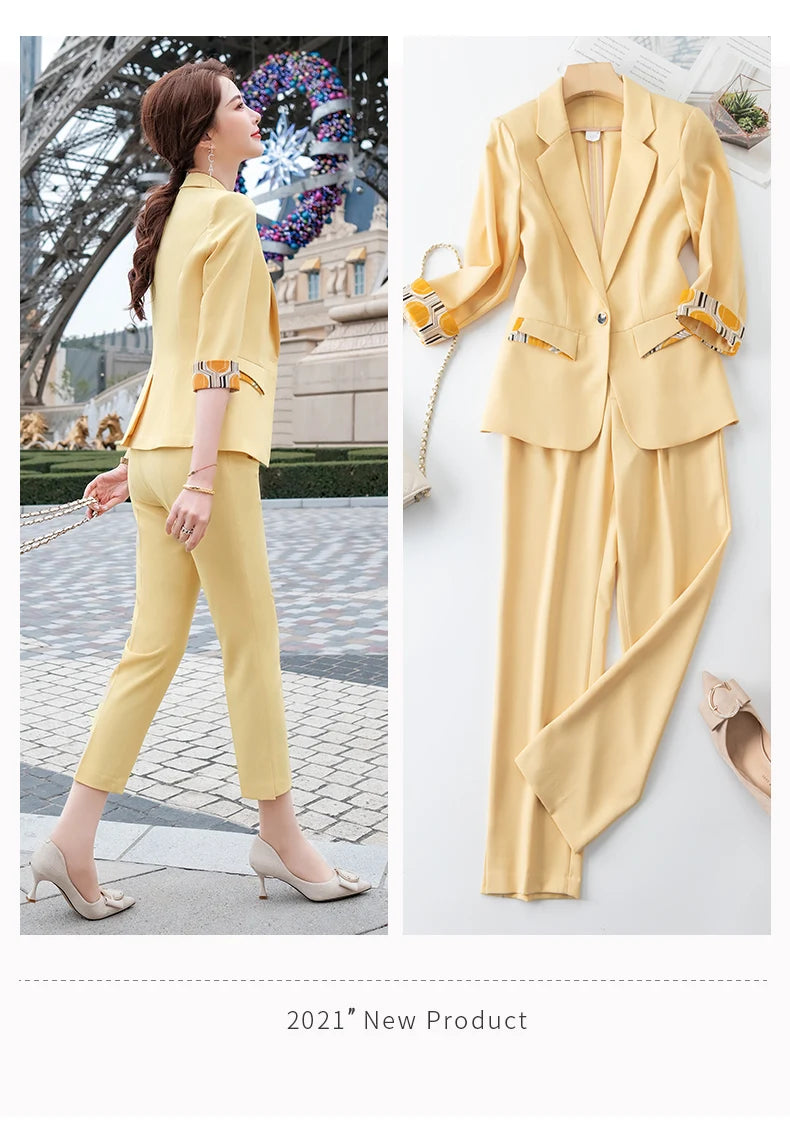 Naviu New Fashion Summer Temperament Slim Suits Women Business Formal Half Sleeve Blazer And Pants Office Ladies Work Wear