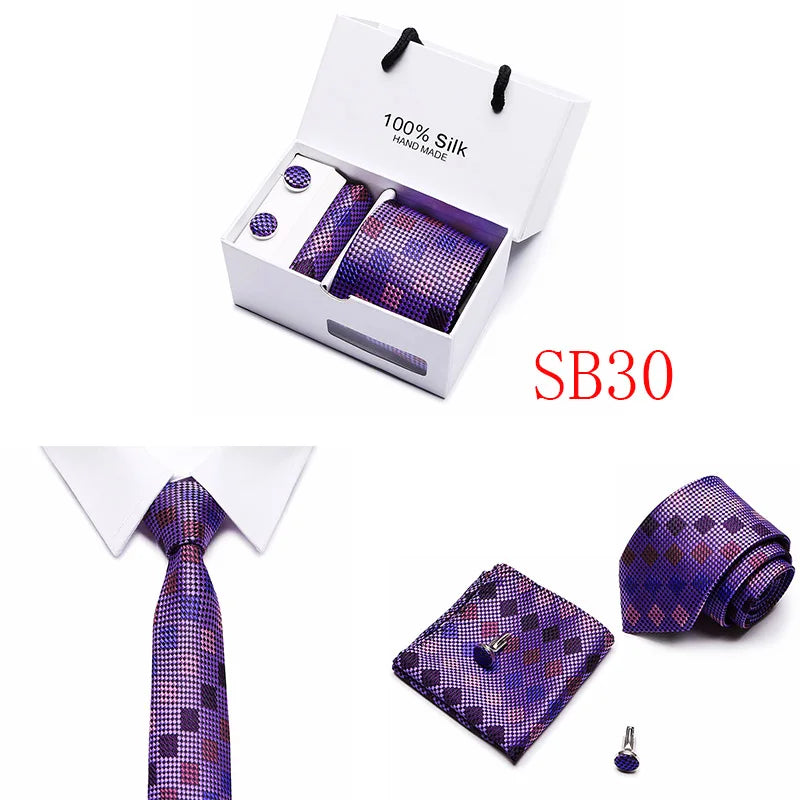 2023 100% Silk Jacquard Necktie White Geometric Tie Hanky Cufflink Set Ties For Men Gravatas Business Wedding Party Wholesale