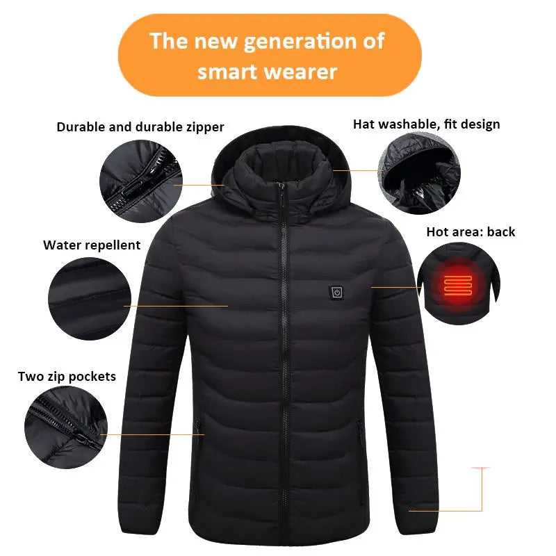 17 PCS heating Men Winter Warm USB Heating Jackets Smart Thermostat Pure Color Hooded Heated Clothing Waterproof  Warm Jackets