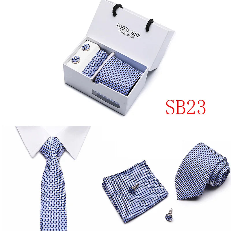 2023 100% Silk Jacquard Necktie White Geometric Tie Hanky Cufflink Set Ties For Men Gravatas Business Wedding Party Wholesale