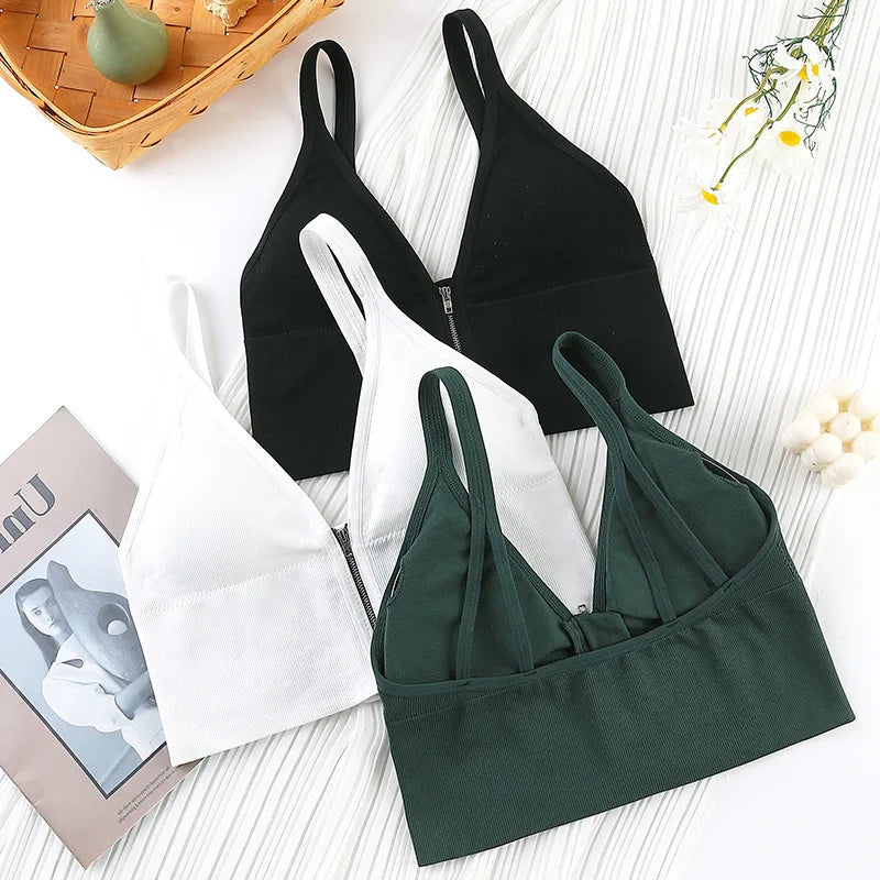 Sexy Zipper Female V-Neck Wireless Bra New Seamless Soft Crop Top Beautiful Back Outside Wear Bralette Lingerie