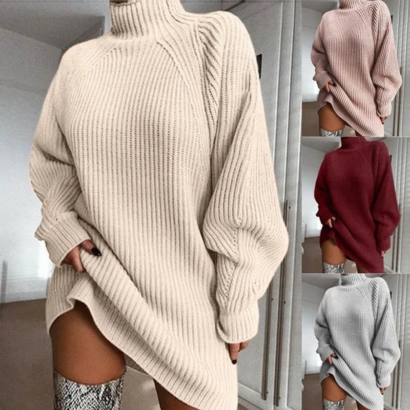 Turtleneck Long Sleeve Sweater Dress Women Autumn Winter Loose Tunic Knitted Casual Pink Gray Clothes Solid Dresses