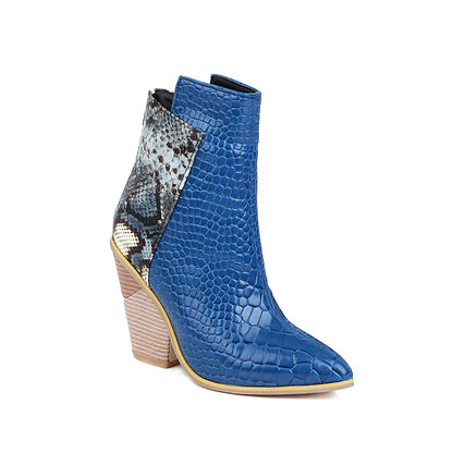 2024 Autumn Women Boots Pu Leather Wedge High Heel Ankle Boots Winter Cowboy Boots Fashion Western Boots Woman Denim Shoes Brown