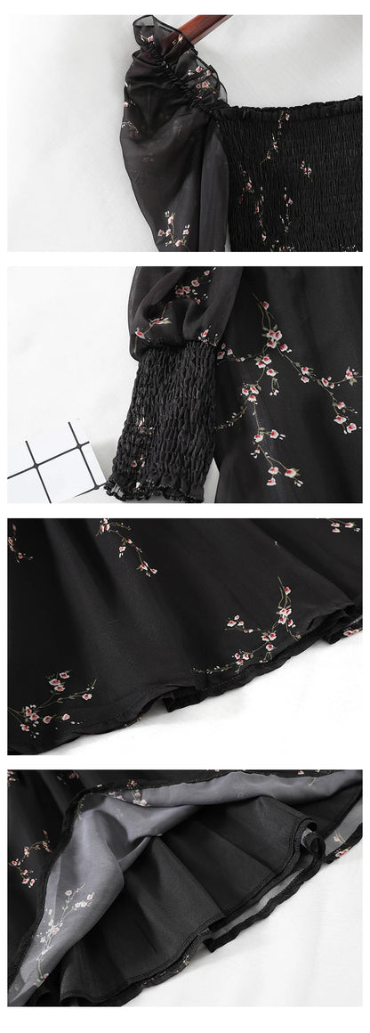 Spring Womens Sexy Black Dress Vintage Flower Long Puff Sleeve Chiffon Dresses Korean Casual Mini Vestidos Mujer Clothes 13676