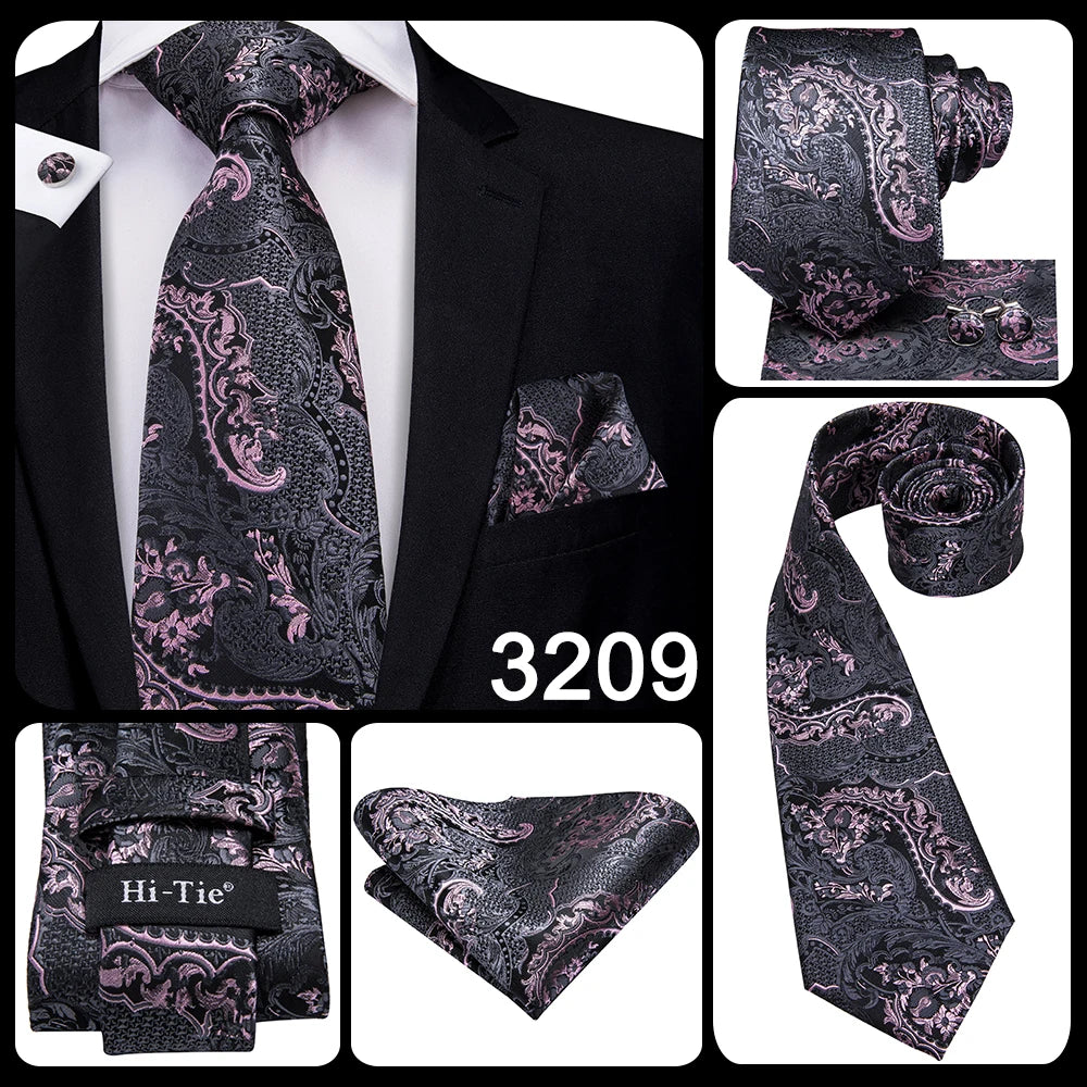 Hi-Tie 8.5cm Business Black Solid Paisley 100% Silk Men's Tie Neck Strip Ties for Men Formal Luxury Wedding Neckties Gravatas