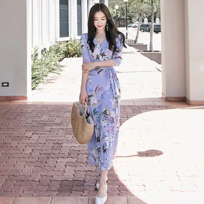 FANIECES Summer Wrap Dresses Women Sexy V Neck Split Maxi Dress Print Female Casual Beachwear Lace Up Party Vestidos Robe платье