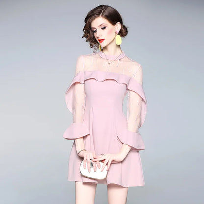 Spring and summer 2023 new women's mesh splicing Ruffle Dress celebrity perspective sheath dresses butterfly sleeve cloth
