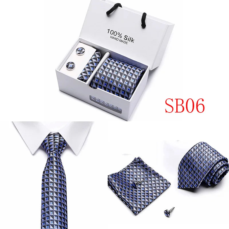 2023 100% Silk Jacquard Necktie White Geometric Tie Hanky Cufflink Set Ties For Men Gravatas Business Wedding Party Wholesale