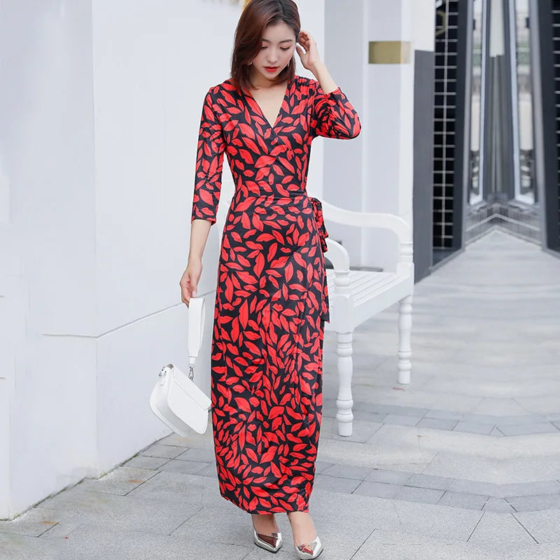 FANIECES Summer Wrap Dresses Women Sexy V Neck Split Maxi Dress Print Female Casual Beachwear Lace Up Party Vestidos Robe платье