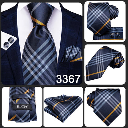 Hi-Tie Designer Silk Wedding Tie For Men Blue White Plaid Handky Cufflink Set Fashion Necktie For Men Business Party Wholesale