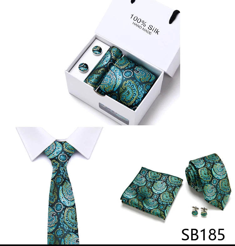 Brand 100% Silk Ties Gift box Office  Men Classic Party Wedding striped 7.5cm Silk Wedding  Floral Tie Necktie Handkerchief Set