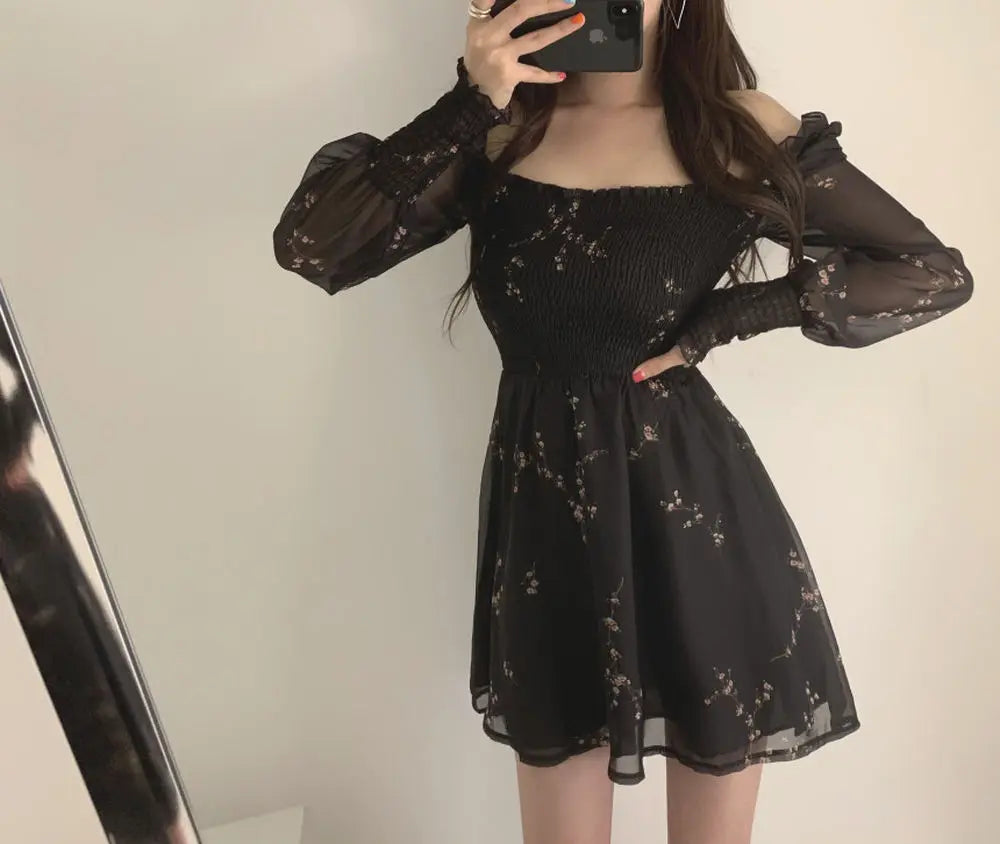 Spring Womens Sexy Black Dress Vintage Flower Long Puff Sleeve Chiffon Dresses Korean Casual Mini Vestidos Mujer Clothes 13676