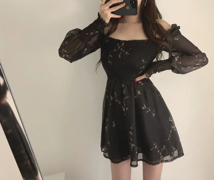Spring Womens Sexy Black Dress Vintage Flower Long Puff Sleeve Chiffon Dresses Korean Casual Mini Vestidos Mujer Clothes 13676