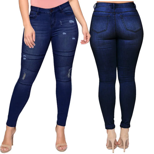 2022 Spring New Dark Blue Women's Ripped Jeans Fashion High Stretch Skinny Denim Pencil Pants Street Casual Trousers S-2XL