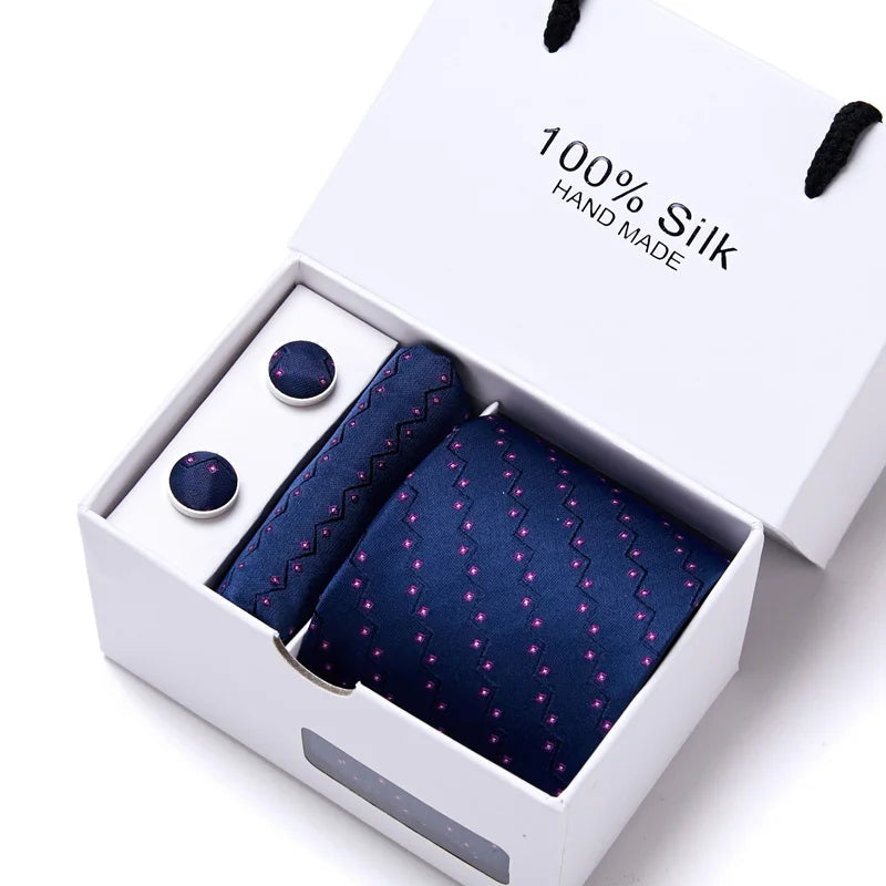 Brand 100% Silk Ties Gift box Office  Men Classic Party Wedding striped 7.5cm Silk Wedding  Floral Tie Necktie Handkerchief Set