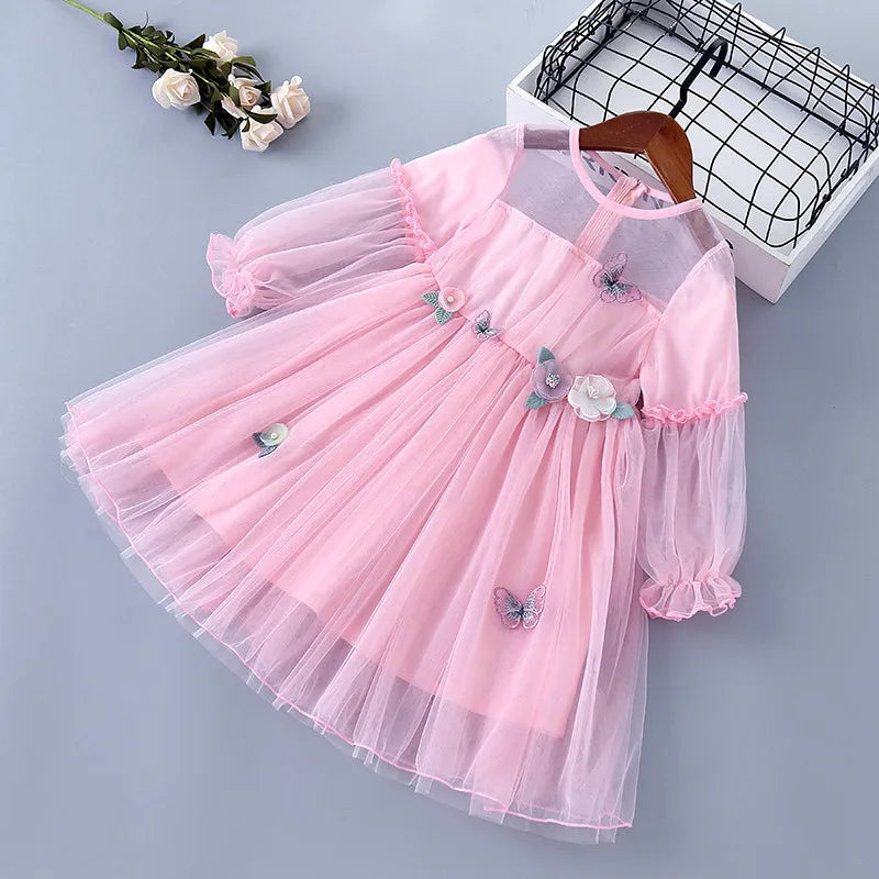 Humor Bear Girls Dress Spring Autumn Long Sleeve Cartoon  Printed Princess  Sweet  Mesh Yarn Children Clothes