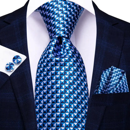 Hi-Tie Designer Silk Wedding Tie For Men Blue White Plaid Handky Cufflink Set Fashion Necktie For Men Business Party Wholesale