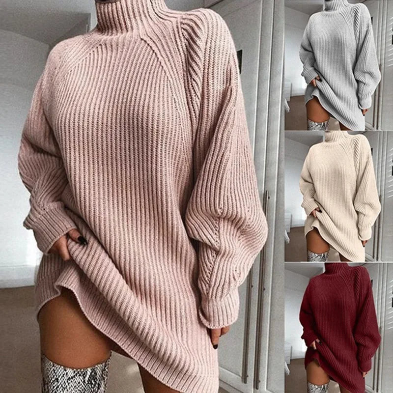 Turtleneck Long Sleeve Sweater Dress Women Autumn Winter Loose Tunic Knitted Casual Pink Gray Clothes Solid Dresses