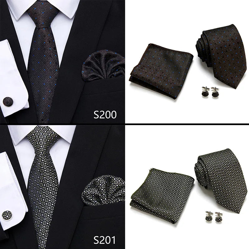 Hot Sale Holiday Gift Tie Pocket Squares Cufflink Set Necktie Dot Man Dark Grey Wedding Accessories Performance