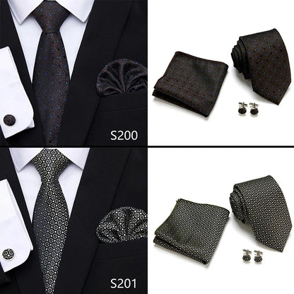 Hot Sale Holiday Gift Tie Pocket Squares Cufflink Set Necktie Dot Man Dark Grey Wedding Accessories Performance