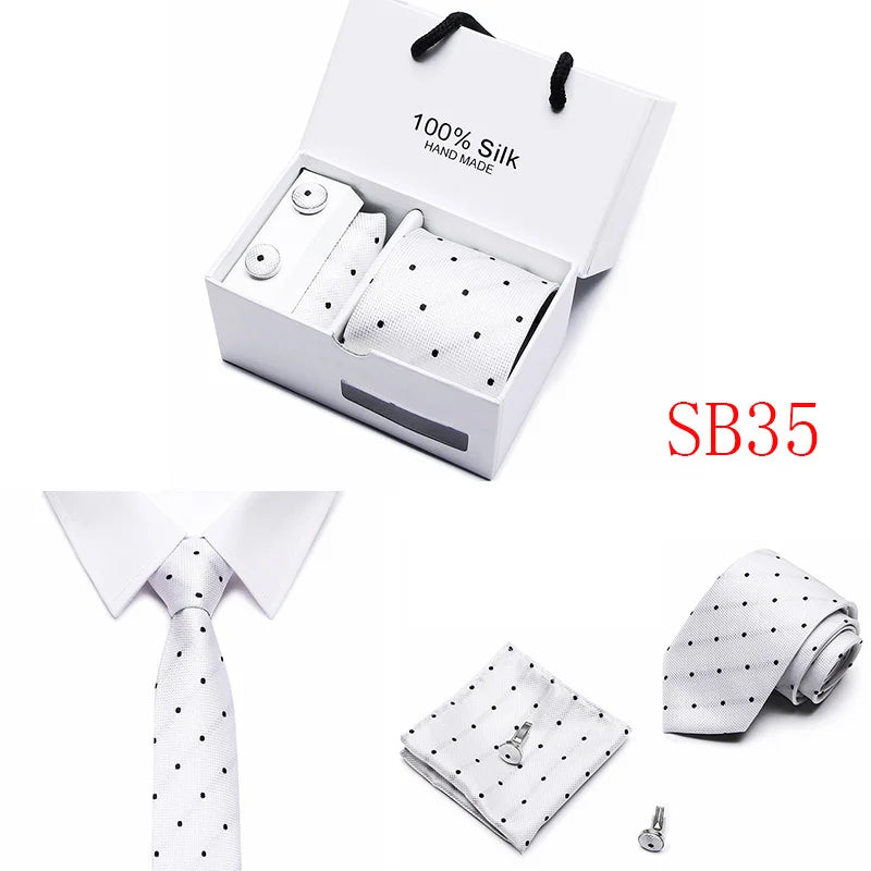 2023 100% Silk Jacquard Necktie White Geometric Tie Hanky Cufflink Set Ties For Men Gravatas Business Wedding Party Wholesale