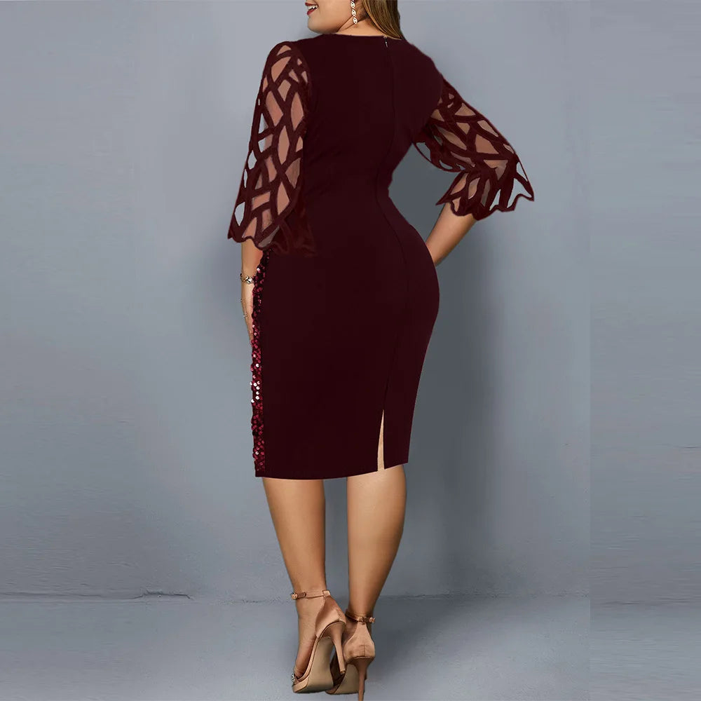 Plus Size S-5XL Fashion Women Sequins Autumn Dresses Lace Sleeve Shining Lady Casual Fashion Dress Sexy Mom Clothing O neck