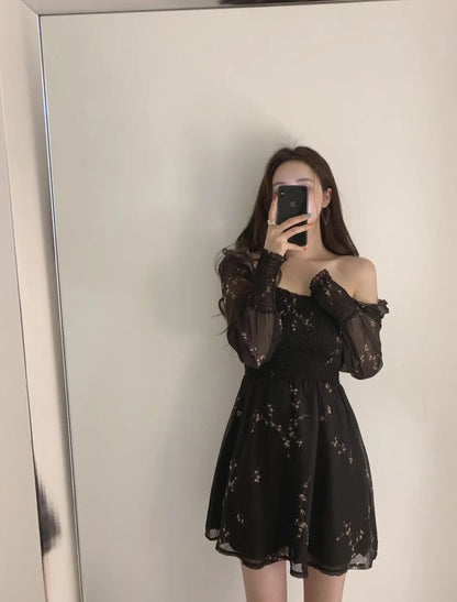 Spring Womens Sexy Black Dress Vintage Flower Long Puff Sleeve Chiffon Dresses Korean Casual Mini Vestidos Mujer Clothes 13676