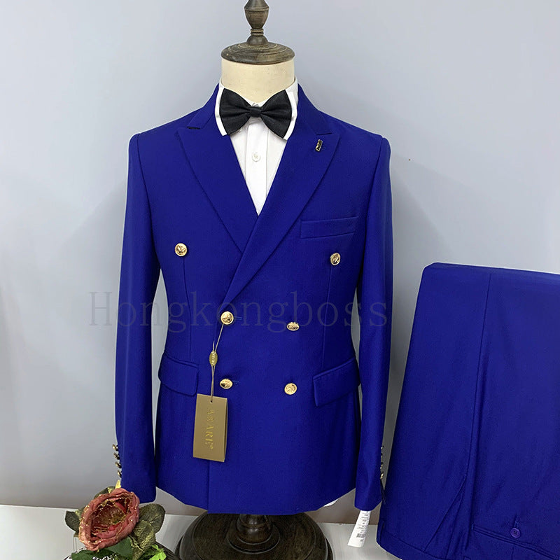 2 Pcs Suit Set Blazers Jacket Pants / Fashion Men Casual Business Pure Color Double Breasted Groom Wedding Formal Dress Suit