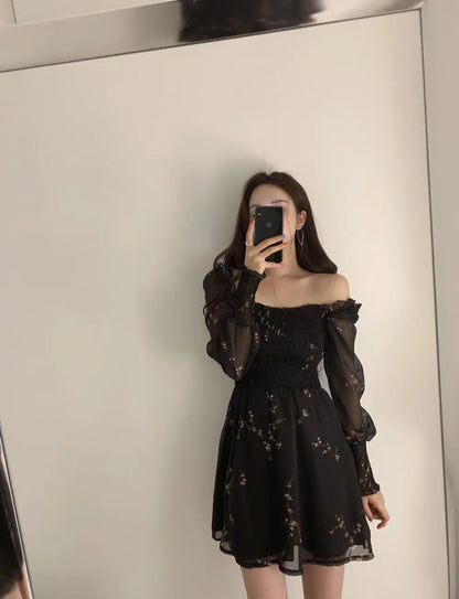 Spring Womens Sexy Black Dress Vintage Flower Long Puff Sleeve Chiffon Dresses Korean Casual Mini Vestidos Mujer Clothes 13676